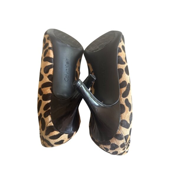 Calvin Klein Leopard Print Pumps 9M Calf Hair Upper Black Tan Pointed Toe Careet - Picture 5 of 6